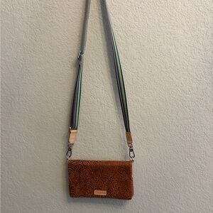 Consuela Tooled Leather Crossbody Wallet with Multicolor Strap - Brown